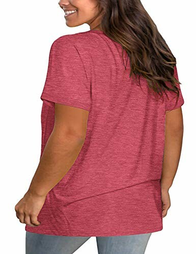 Woman wearing a red t-shirt viewed from the back.