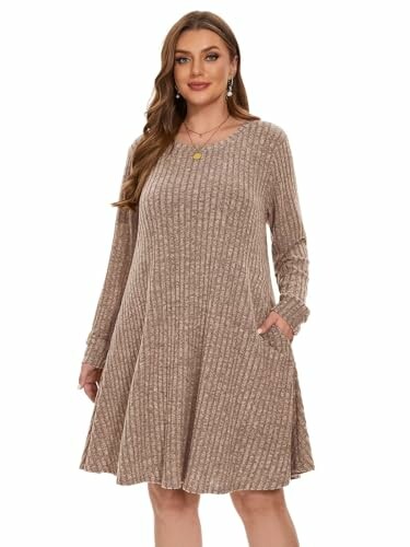 Woman in brown ribbed dress with long sleeves