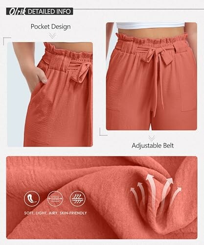 Women's casual pants with pocket design and adjustable belt.